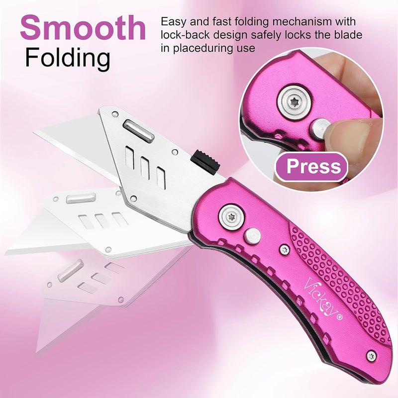 Vickay Folding Utility Knife, Box Cutter with 5 SK5 Quick Change Blades, Safety Axis Lock Design Razor Knife, Lightweight Aluminum Handle Belt Clip for Office Home Artcraft (Hot Pink) - Image 5